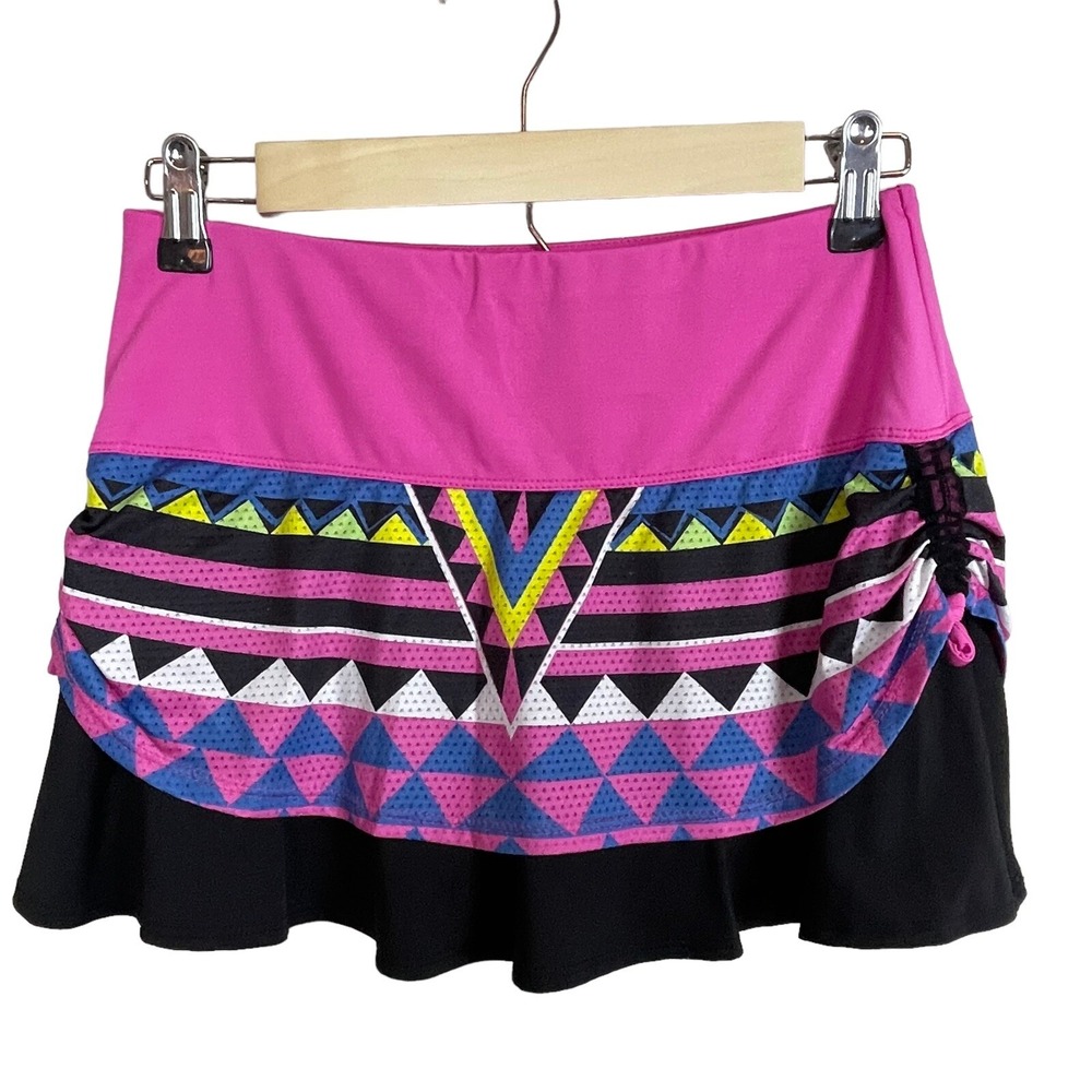 Lucky in Love Pink Blue Black Perforated Ruched Side Tiered Tennis Skirt Size S